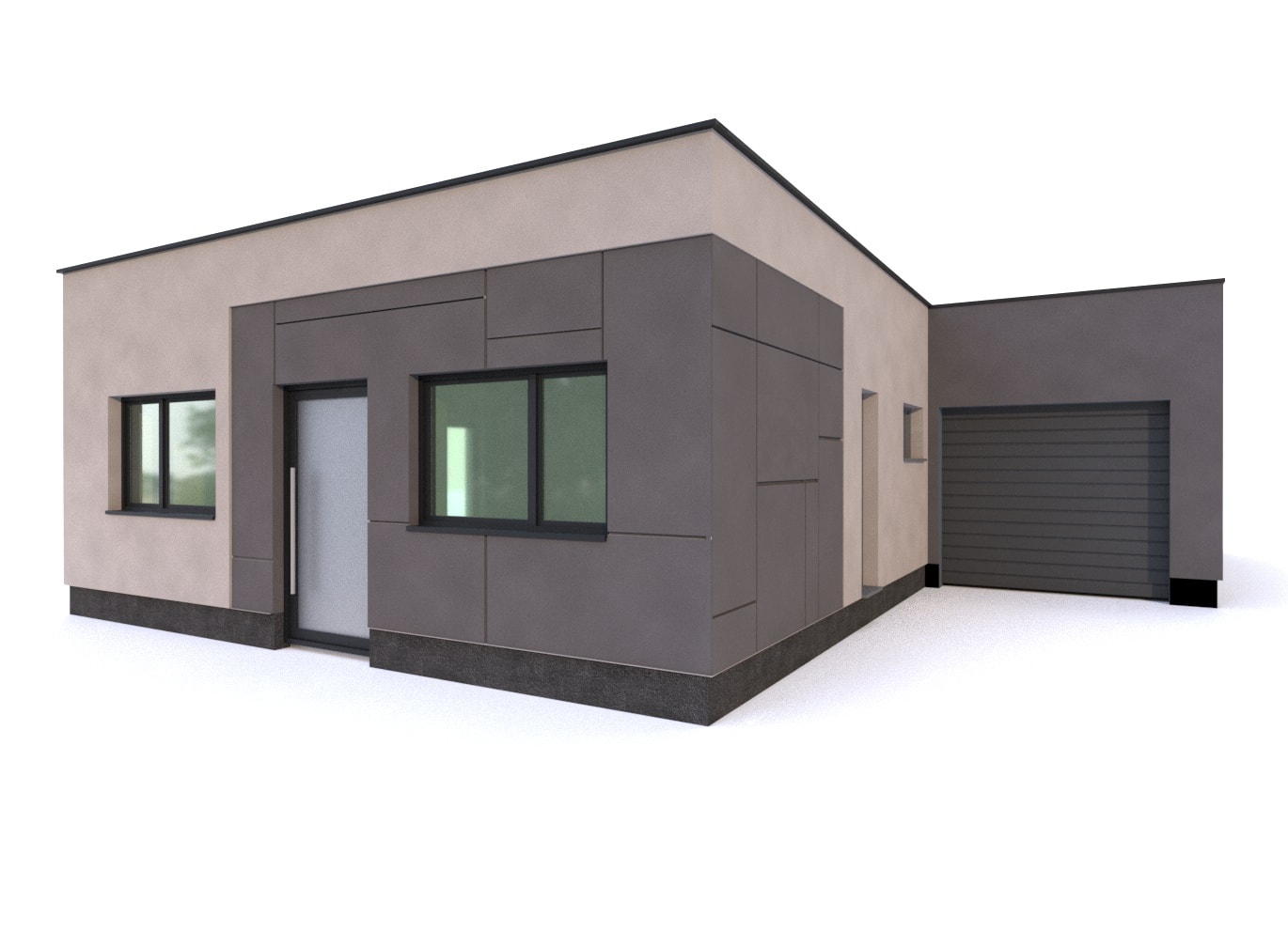 vizualizace šedého jednopatrového rodinného domu s garáží